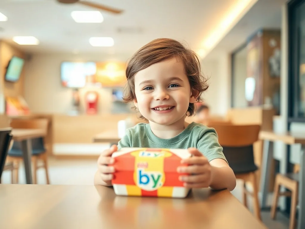 Uśmiechnięte dziecko siedzi przy stole w nowoczesnym McDonald's, trzymając w rękach kolorowy zestaw Happy Meal.